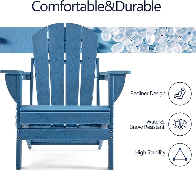 Folding Adirondack Chair, HDPE Outdoor Texture Lawn Chair with Reclining Back, Cup and Phone Holder - Comfortable Firepit Chair Weather Resistant for Patio or Backyard (Blue, Set of 4)