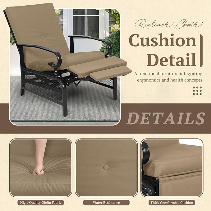 Oakcloud Adjustable Outdoor Lounge Chair Metal Patio Relaxing Recliner Chair with Removable Cushions(Brown) - Photo 4
