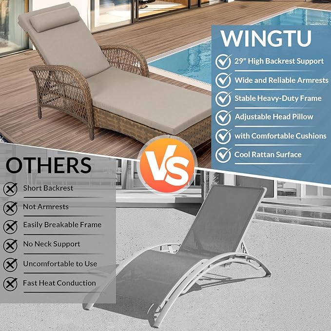 Outdoor Chaise Lounge Chair, PE Wicker Long Recliner Patio Lounge Chair with Cushion - Photo 3