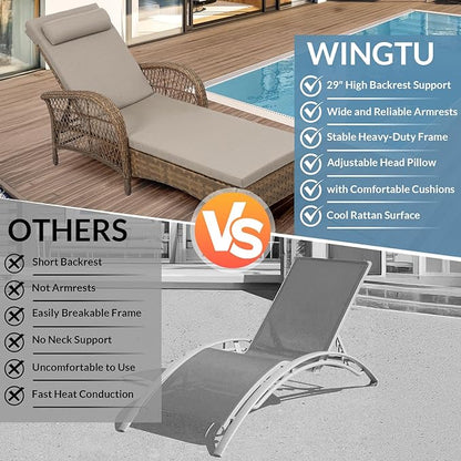 Outdoor Chaise Lounge Chair, PE Wicker Long Recliner Patio Lounge Chair with Cushion, 6-Position Patio Reclining Sun Lounger with Adjustable Backrest for Poolside, Armrest & Pillow, Beige