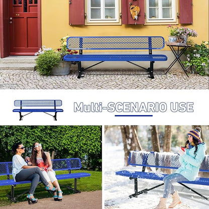 8FT Heavy-Duty Park Bench for Outside - Black Coated Outdoor Furniture Steel Bench, Commercial-Grade Outdoor Benches Weatherproof for Park, Patio, Porch (Portable with Back) (Blue, 8FT)
