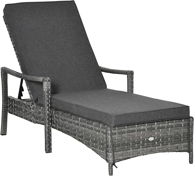 Outsunny Wicker Chaise Lounge, 4 Position Adjustable Backrest and Cushions Outdoor Lounge Chair PE Rattan Sun Lounger for Poolside, Balcony or Garden, Dark Grey