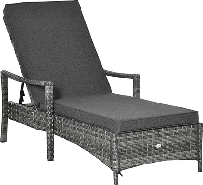Outsunny Wicker Chaise Lounge, 4 Position Adjustable Backrest and Cushions Outdoor Lounge Chair PE Rattan Sun Lounger for Poolside, Balcony or Garden, Dark Grey