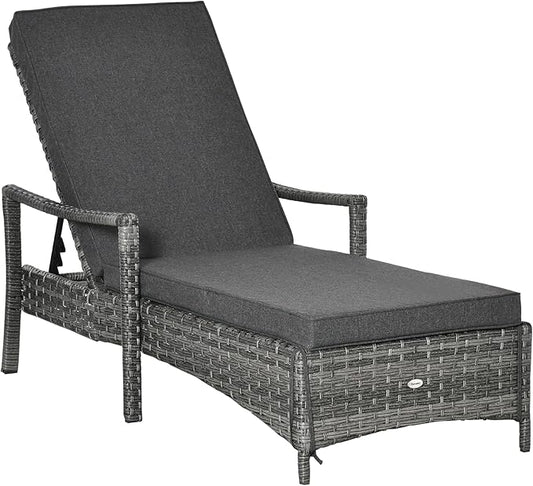Outsunny Wicker Chaise Lounge, 4 Position Adjustable Backrest and Cushions Outdoor Lounge Chair PE Rattan Sun Lounger for Poolside, Balcony or Garden, Dark Grey