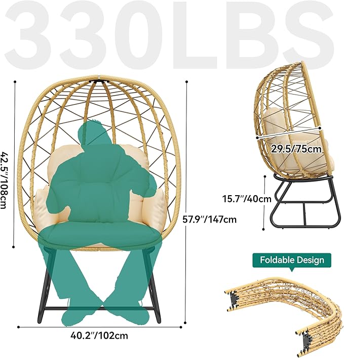 YITAHOME Egg Chair with Stand Outdoor Indoor Egg Lounge Chair with Cushion Wicker Chair PE Rattan Chair Included for Patio, Garden, Backyard, Porch, Beige