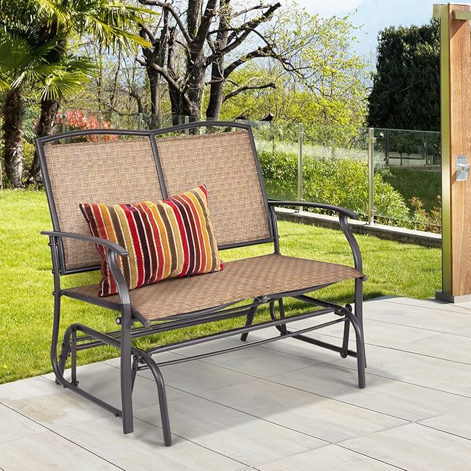 Tangkula 2-Person Patio Glider Bench, Outdoor Rocker Glider Loveseat Chair W/Heavy-Duty Steel Frame, Breathable Seat Fabric, Rocking Lounge Chair for Poolside, Garden, Backyard (Brown)