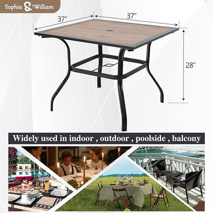 Sophia & William 37" Square Outdoor Dining Table with Umbrella Hole, Imitation of Wooden Surface Patio Dining Table for Lawn Garden, Sturdy Metal Steel Frame with Wood-Like Table top