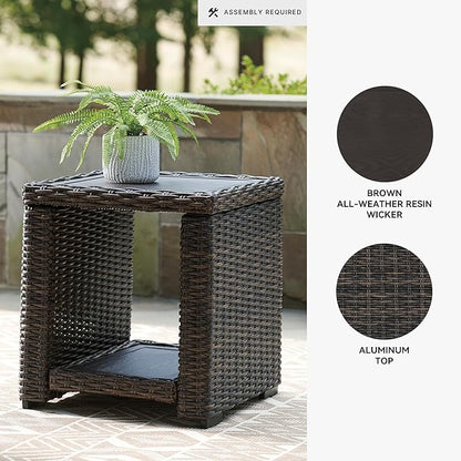 Signature Design by Ashley Grasson Lane Outdoor Rattan Square End Table with Storage, All-Weather Resin Wicker Handwoven Over Durable Aluminum Frame, Aluminum Tabletop and Shelf, 22.25" High, Brown