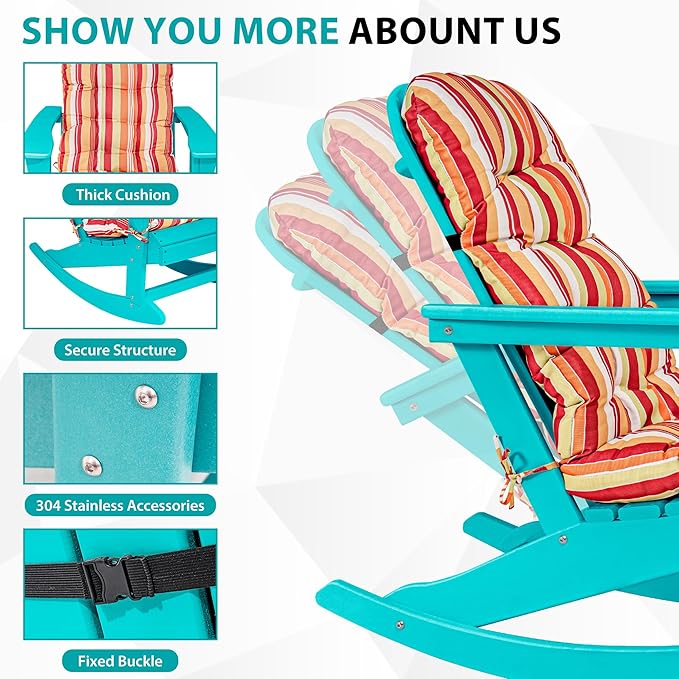 Sundale Outdoor Adirondack Rocking Chair with Cushion, HDPE Patio Plastic All Weather Adirondack Rocker, Water Resistant for Outside, Garden, Pool, Yard, Turquoise