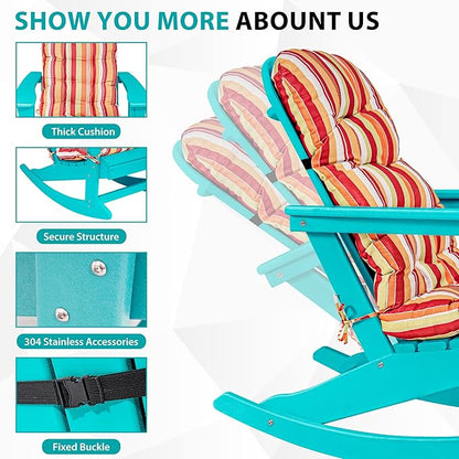 Sundale Outdoor Adirondack Rocking Chair with Cushion, HDPE Patio Plastic All Weather Adirondack Rocker, Water Resistant for Outside, Garden, Pool, Yard, Turquoise