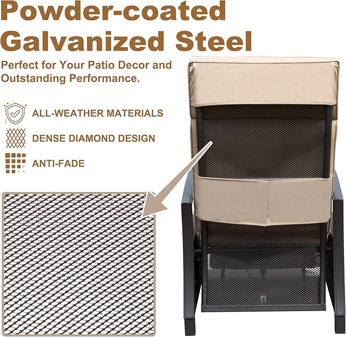 Domi Adjustable Patio Recliner Chair Metal Outdoor Lounge Chair with Flip Table Push Back, Adjustable Angle, Removable Cushions, Support 350lbs, Beige