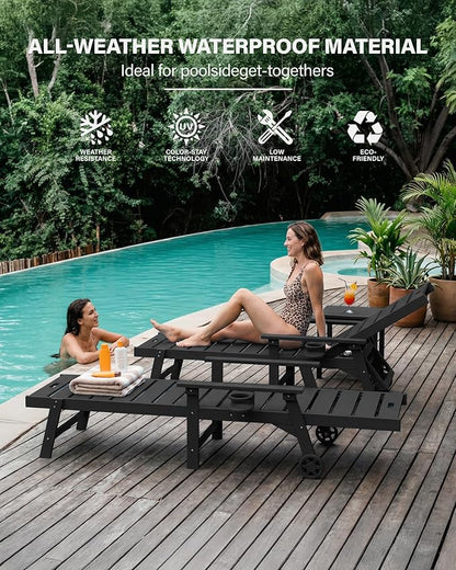 YEFU Lounge Chair Outdoor Set of 2: Outdoor Chaise Lounge with 5-Level Adjustable Backrest, Cup Holders & Wheels, All-Weather Resistance Chaise Lounge for Outside/Patio/Beach/Deck, Black