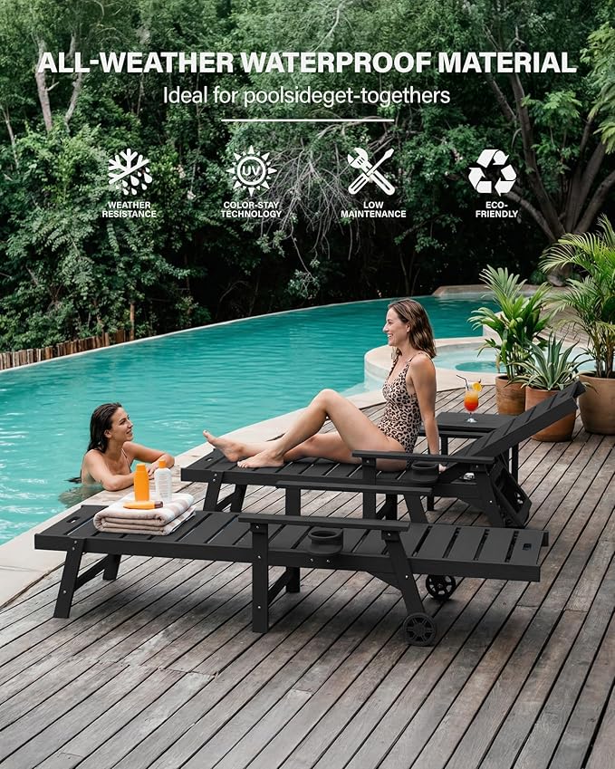 YEFU Lounge Chair Outdoor Set of 4: Outdoor Chaise Lounge with 5-Level Adjustable Backrest, Cup Holders & Wheels, All-Weather Resistance Chaise Lounge for Outside/Patio/Beach/Deck, Black