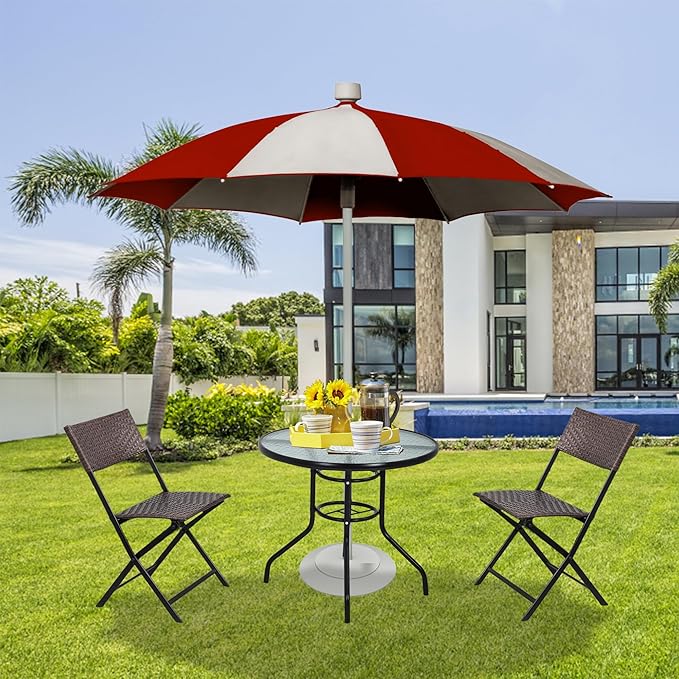 MKDLUFEI 32 Inch Round Outdoor Dining Table, Patio Table with Umbrella Hole, Tempered Glass Top, Black Steel Frame - Photo 2
