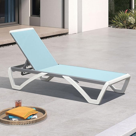 PURPLE LEAF Patio Chaise Lounge Chair Outside Aluminum Plastic Stackable Tanning Chairs for Pool Sunbathing Beach Deck Outdoor Lounger, Light Blue
