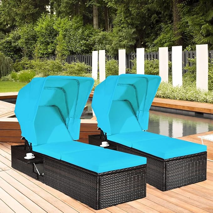 RELAX4LIFE Rattan Chaise Lounge Chair - PE Wicker Reclining Lounger with 5-Position Adjustable Backrest, Retractable Canopy, Side Table & Cushions, Sun Lounger for Garden, Porch & Beach (2, Turquoise)