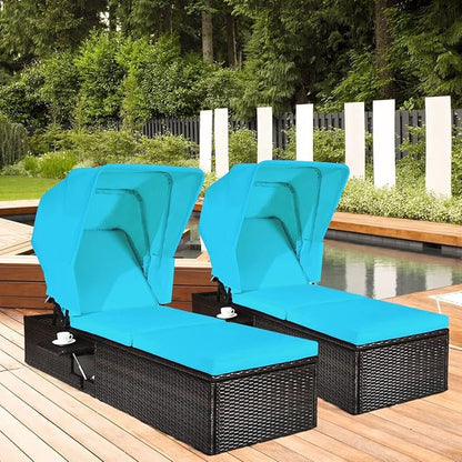 RELAX4LIFE Rattan Chaise Lounge Chair - PE Wicker Reclining Lounger with 5-Position Adjustable Backrest, Retractable Canopy, Side Table & Cushions, Sun Lounger for Garden, Porch & Beach (2, Turquoise)
