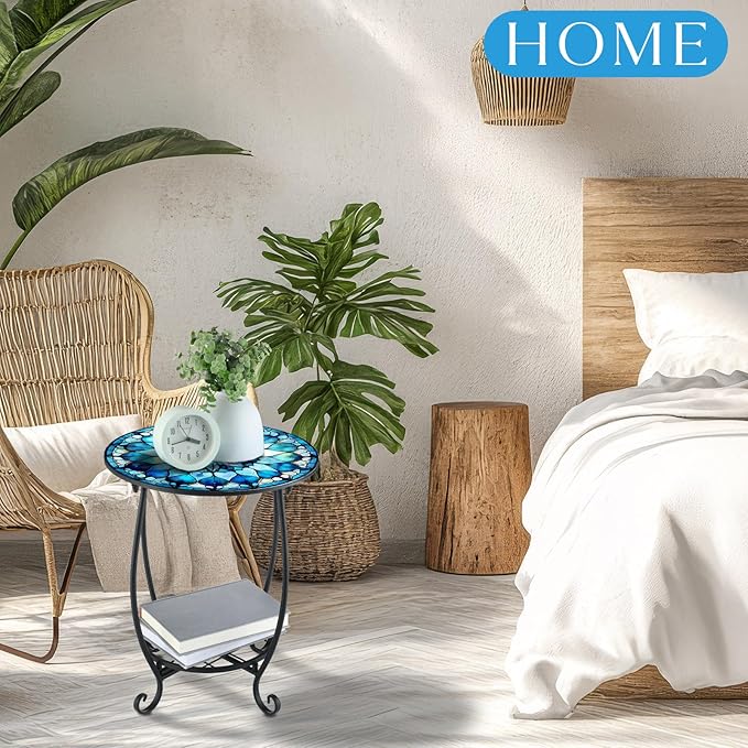 Outdoor Side Table Round Small Mosaic Patio Accent Indoor End Plant Coffee Tea Table for Yard Patio Porch Garden Living Room, Bedroom(Mandala Style2,18 Inch)
