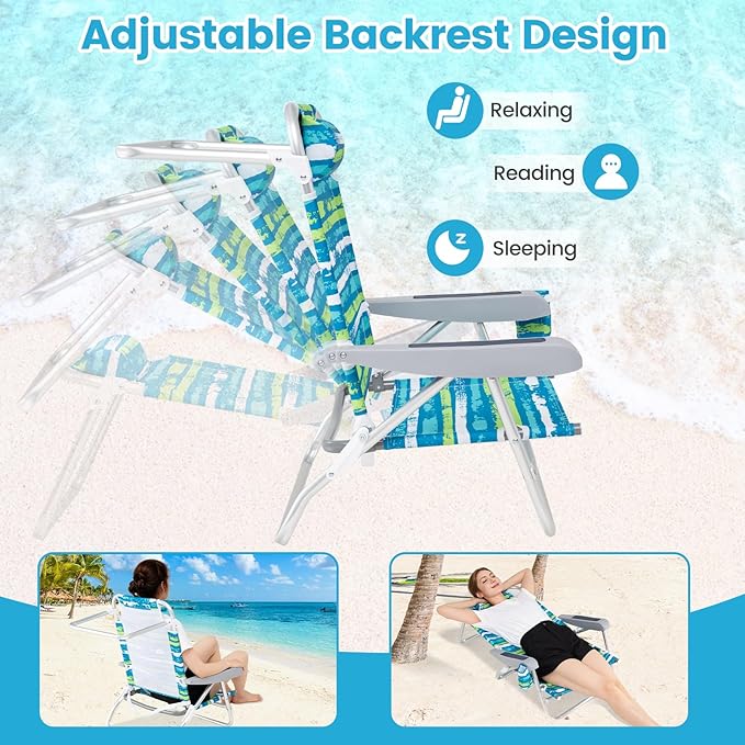 GYMAX Beach Chairs, 2Pcs Folding Camping Chair with Adjustable Backrest, Shoulder Strap, Cup Holder & Headrest, Portable Aluminum Lounger for Tanning, Sunbath, Lawn, Patio (Green, 2 Chairs)