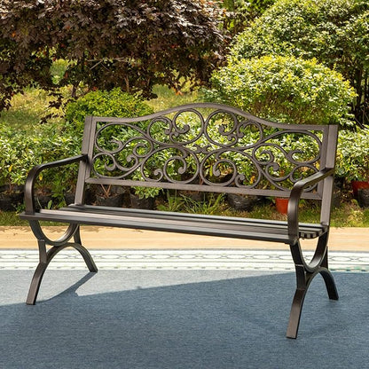 PHI VILLA 50" Patio Park Garden Outdoor Metal Black Bench for Yard Porch