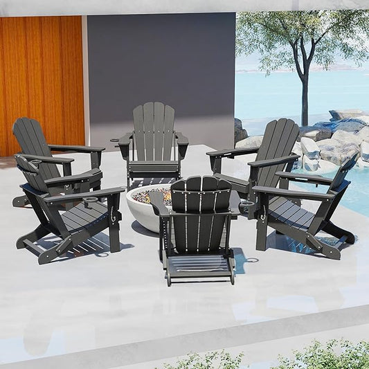 Domi Folding Adirondack Chairs Set of 6, HDPE All-Weather Outdoor Chairs with Cup Holder, Wooden Textured Fire Pit Chairs for Backyard, Patio, Poolside & Deck, Grey