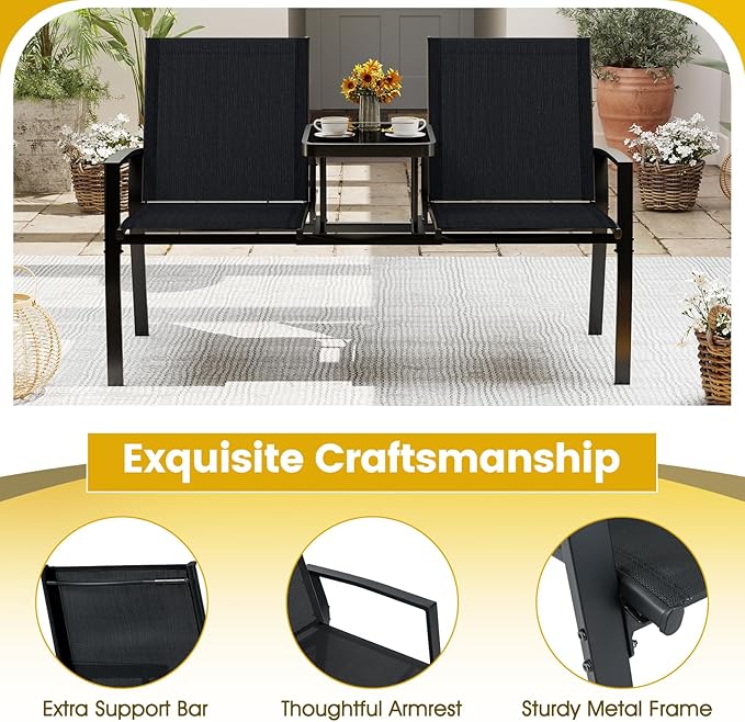 Tangkula Patio Loveseat with Built-in Table, 2-Seat Small Balcony Furniture with Breathable Fabric, Heavy Duty Metal Frame, Tempered Glass Tabletop, Outdoor Seating Bench for Porch Backyard Garden