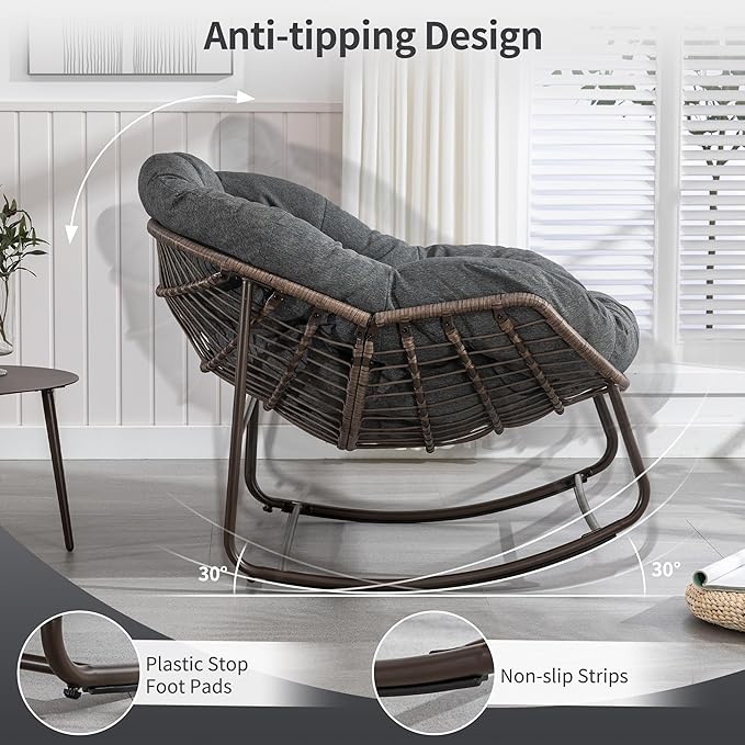 HOMEFUN Outdoor Patio Rocking Chairs, Oversized Papasan Rock Chair Indoor with Padded Cushion - Rocker Egg for Front Porch, Garden, Backyard Gray