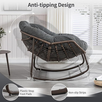 HOMEFUN Outdoor Patio Rocking Chairs, Oversized Papasan Rock Chair Indoor with Padded Cushion - Rocker Egg for Front Porch, Garden, Backyard Gray