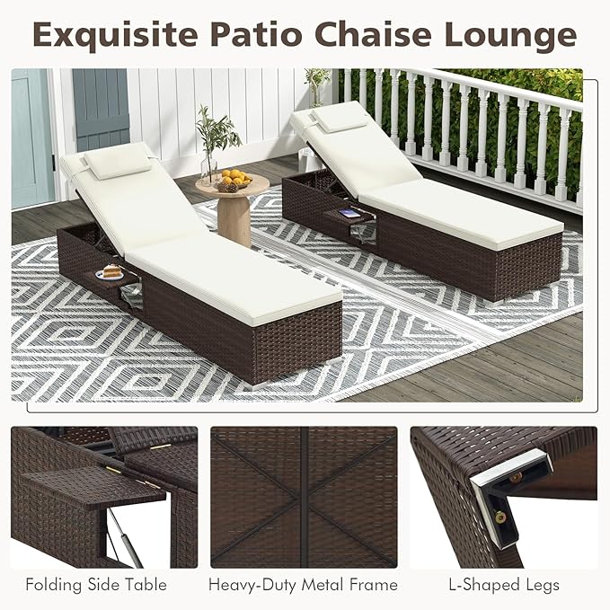 Tangkula Patio Chaise Lounge Set of 2, Outdoor Rattan Lounge Chair with 6-Level Backrest, Comfy Seat Cushion & Headrest - Photo 5
