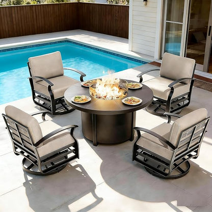 Gotland 5 Piece Patio Set, Aluminum Outdoor Swivel Chairs Set with 48’’ Round Fire Pit 5.1’’ High-Resilience Seat Cushions 29.5" Deep Seating, Metal Patio Furniture Set Patio Conversation Sets, Khaki