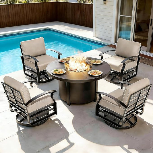 Gotland 5 Piece Patio Set, Aluminum Outdoor Swivel Chairs Set with 48’’ Round Fire Pit 5.1’’ High-Resilience Seat Cushions 29.5" Deep Seating, Metal Patio Furniture Set Patio Conversation Sets, Khaki