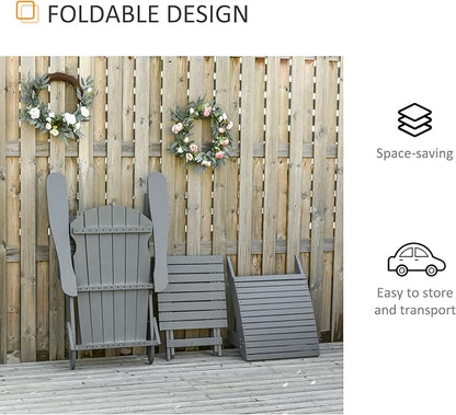 Outsunny 3-Piece Folding Adirondack Chair with Ottoman and Side Table, Outdoor Wooden Fire Pit Chairs w/High-Back, Wide Armrests for Patio, Backyard, Garden, Lawn Furniture, Gray
