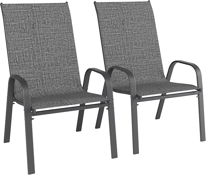 Patio Chairs Set of 2, Outdoor Dining Chairs Stackable for All Weather, Breathable Metal Modern Outside Furniture Chair for Pool Side, Garden, Backyard Deck, Dark Grey