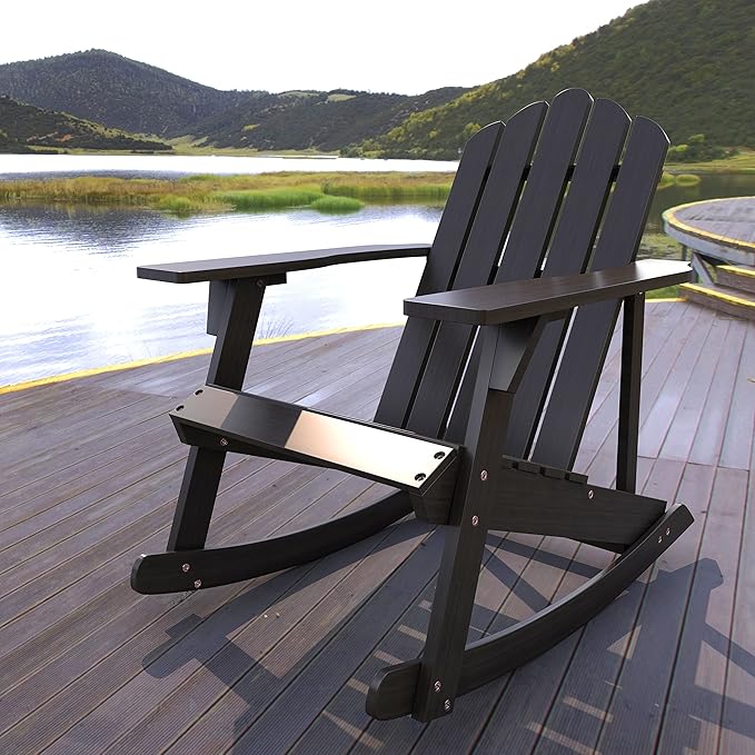 JONATHAN Y PAT1000D Kiawah Outdoor Patio Classic Acacia Wood Adirondack Rocking Chair for Garden, Lawn, Backyard, Pool, Deck, Beach, Firepit, Black