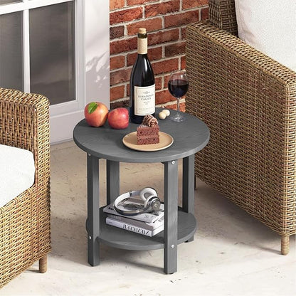 HDPE Outdoor Side Table for Patio, 18.1-Inch Weatherproof Small Outdoor Table for Adirondack, 2-Tier Round End Table for Garden Backyard Porch Deck Balcony Poolside, Grey