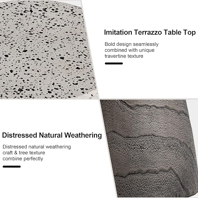 HOMPUS Outdoor Side Table with Imitation Terrazzo Desktop - Lightweight Mushroom Shape End Table, MgO Patio Accent, Unique Plant Stand, Concrete Coffee for Indoor Outdoor Use, Grey