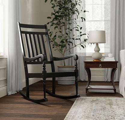 Carolina Chair & Table Belmont Outdoor Rocking Chair – Solid Wood Porch Rocker with Slat Back, Weatherproof Black Finish - Comfortable Armrests, Rustic Patio Garden Balcony Deck Seating Furniture