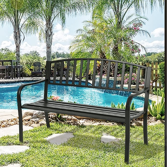Tangkula 50 Inch Outdoor Steel Garden Bench Park Bench, Patio Chair Garden Bench with High Back & Rustproof Armrests - Photo 2