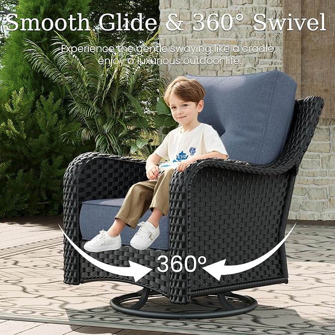 3 Piece Patio Furniture Set, All-Weather Wicker Outdoor Conversation Set with Swivel Rocking Chair and 6 Inch Thick - Photo 3