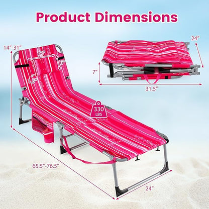 COSTWAY Tanning Chair with Face Hole, Folding Sun Bathing Lounge Chair with Armrest, Side Pocket & Protective Flap, Face Down Layout Chair for Beach, Patio, Pool, Outside (1, Pink+White)