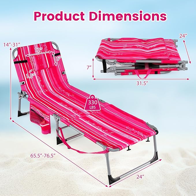 Goplus Tanning Chair with Face Arm Holes, Portable Sunbathing Chair w/4-Level Backrest, Head Pillow - Photo 3
