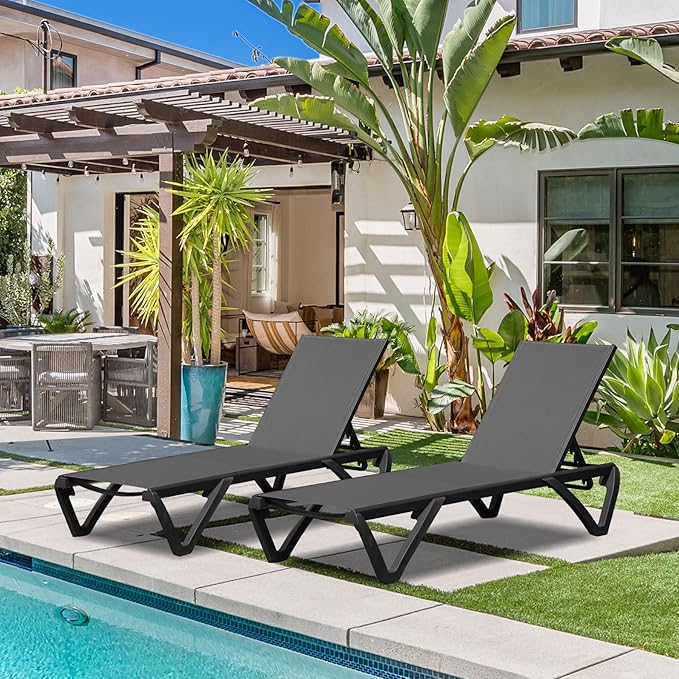Outdoor Lounge Chairs Set of 2, Aluminum Pool Lounge Chairs with 5 Adjustable Backrest and Side Table - Photo 1