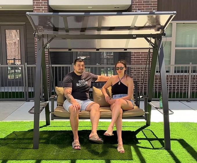 PURPLE LEAF 3-Seat Porch Swing with Adjustable PVC Canopy Metal Patio Bench Glider Swing Bed Outdoor Swing Chair with - Photo 1