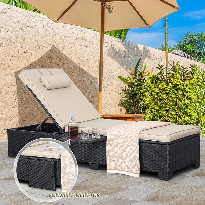 WAROOM Outdoor Chaise Lounge Chairs for Outside Patio Furniture Set of 2 Wicker Recliner Black Rattan Sunbathing - Photo 3