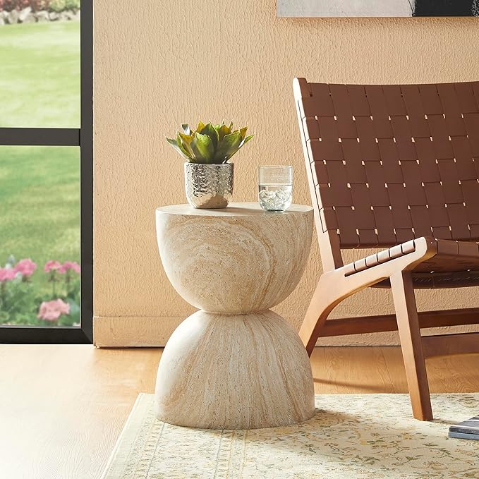 Glitzhome Outdoor Side Table, 17.75" H Decorative Garden Stool MGO Hourglass Faux Terrazzo End Table, Round Planter Stand for Indoor Outdoor Living Room Bedroom Patio Deck Poolside