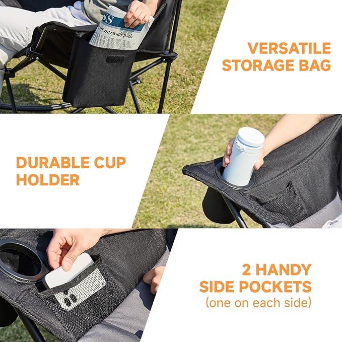 Oversized Folding Rocking Camping Chair, Padded Portable Rocking Chair with Pockets, Cup Holder and Carry Bag, Heavy Duty Outdoor Rocker Patio Chair for Garden, Lawn, Yard, Up to 400lbs, Gray