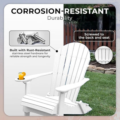 Ecommersify Folding Adirondack Chair with Cup Holder - (Bright White) - Heavy Duty Recycled Poly Lumber Folding Chair - Amish Crafted Outdoor Furniture - Made in USA