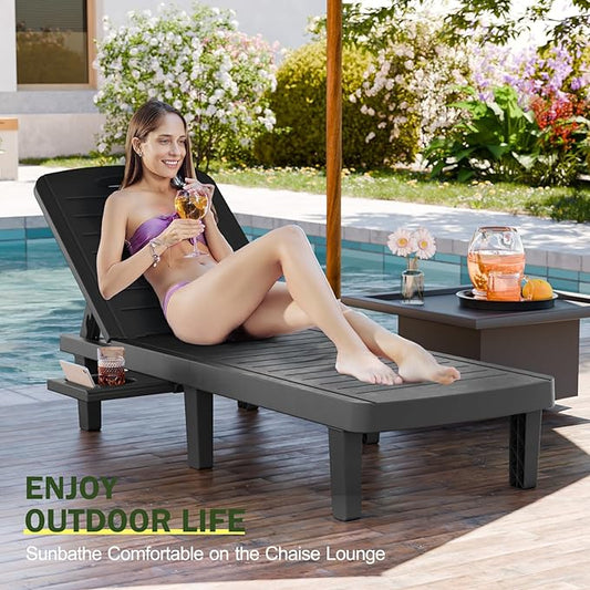 CDCASA Outdoor Chaise Lounge Set of 3, Pool Lounge Chairs w/5 Adjustable Positions & Side Tray, Waterproof Resin Lounges for Poolside,Yard,Garden,Sunbathing, for All Weather, Black