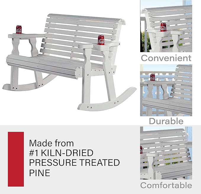 Amish Casual Heavy Duty 800 Lb Roll Back Pressure Treated Double Rocker with Cupholders (Semi-Solid White Stain)