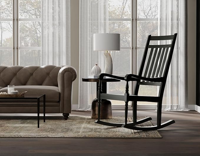 Carolina Chair & Table Belmont Outdoor Rocking Chair – Solid Wood Porch Rocker with Slat Back, Weatherproof Black Finish - Comfortable Armrests, Rustic Patio Garden Balcony Deck Seating Furniture